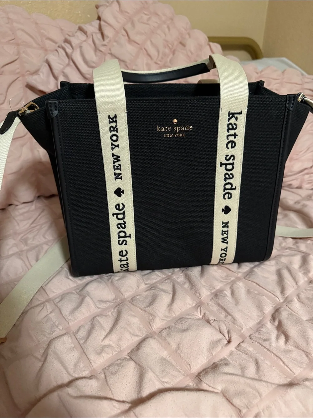 kate spade Black Canvas Tote with Ivory Logo Straps